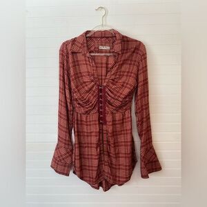 Free People We The Free Catalynn Cinched Plaid Blouse NWT Gingham Size XSmall